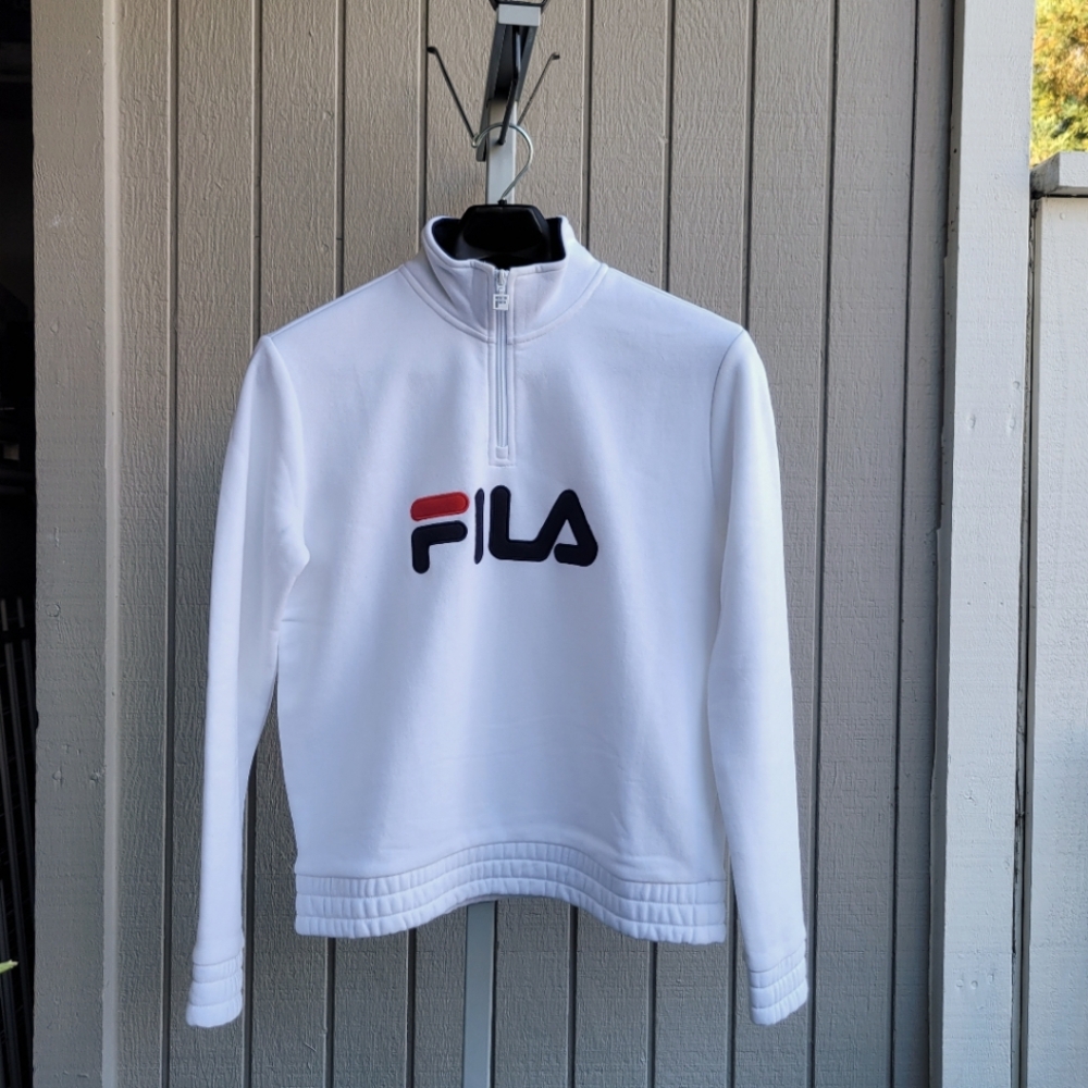 FILA | 1/4 Zip Big Logo EUC Cuffed White Pullover Sweatshirt Ladies Medium - Picture 12 of 12